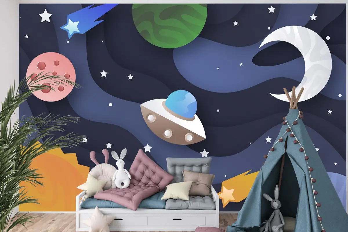 Kağıt Stili Galaxy Boys Çocuk Odası Duvar Kağıdı