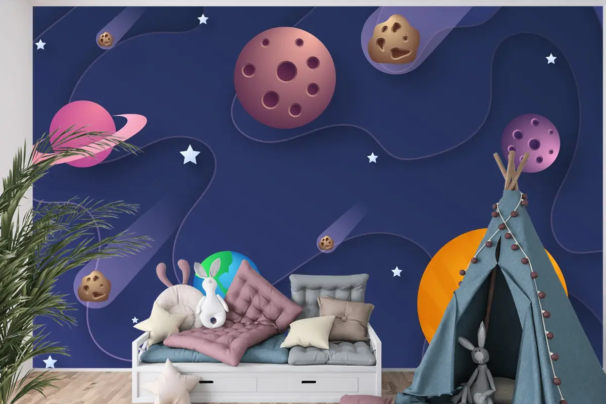 Kağıt Stili Galaxy Uzay Boys Çocuk Odası Duvar Kağıdı