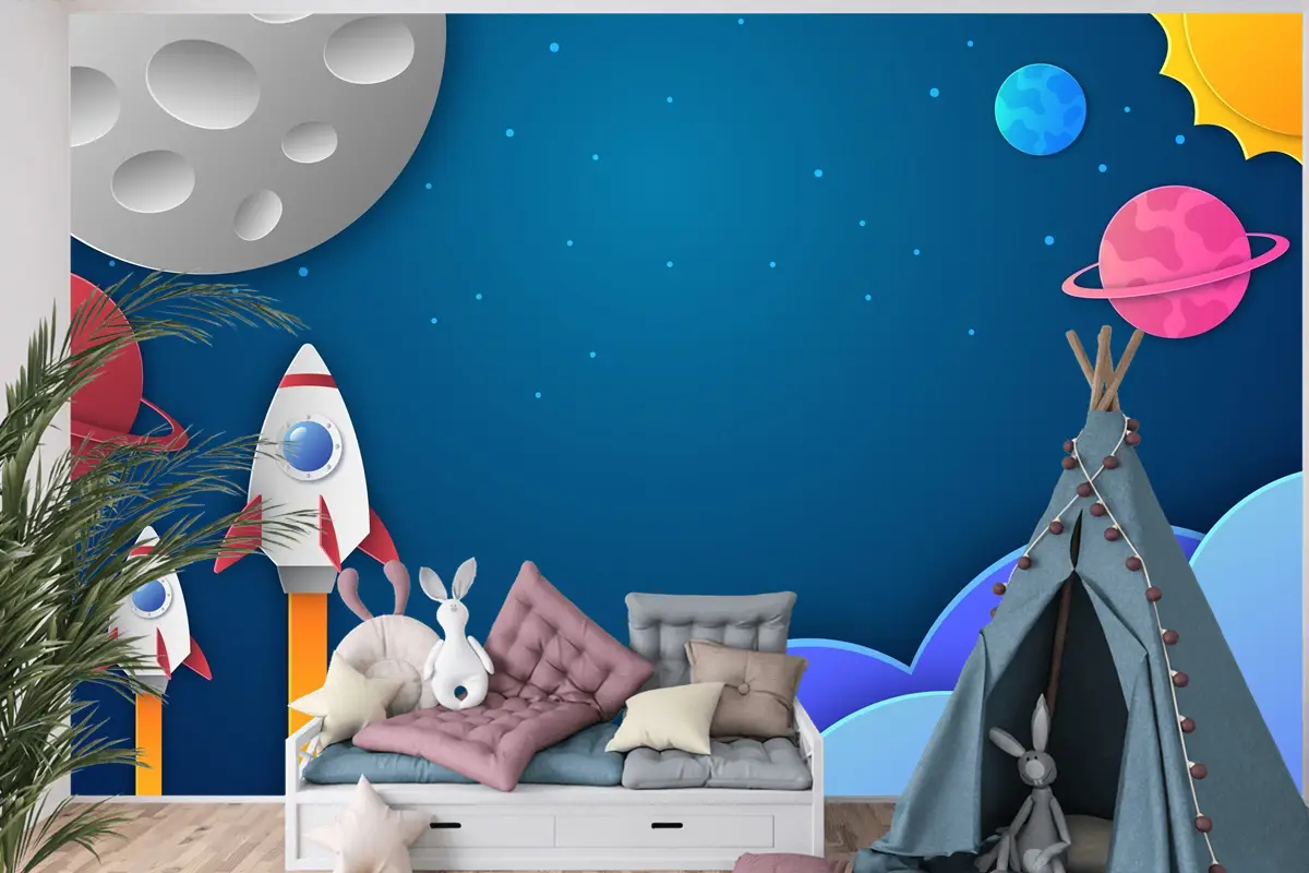 Kağıt Stili Galaxy Uzay Çocuk Odası Duvar Kağıdı 