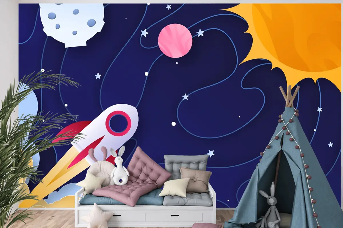 Kağıt Stili Galaxy Çocuk Odası Duvar Kağıdı 