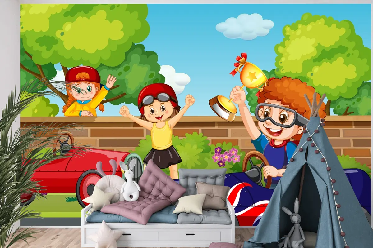 Çocuk Araba Yarışı Çocuk Odası Duvar Kağıdı  Ile Park Sahnesi