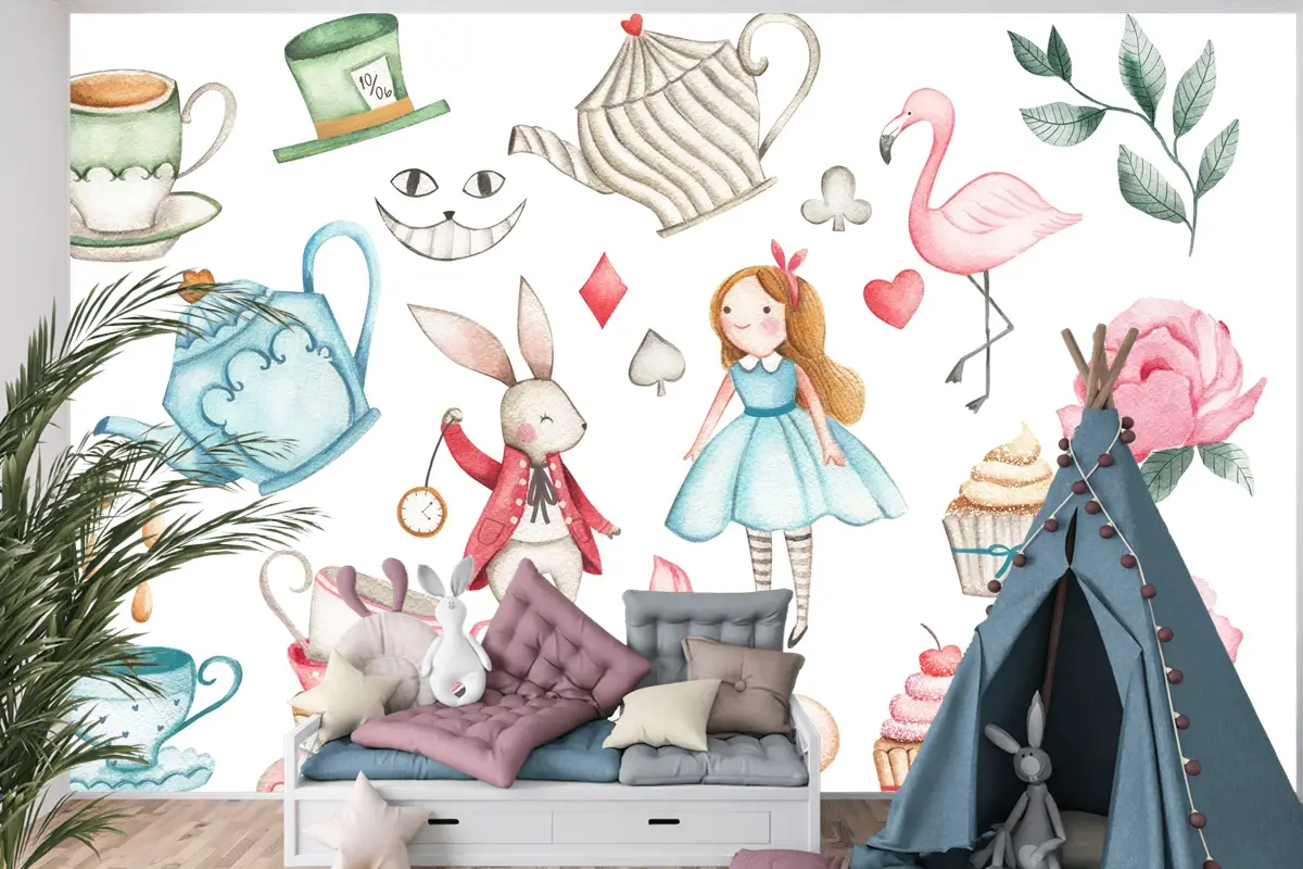 Pastel Alice Masalı ve Çay Saati Çocuk Odası Duvar Kağıdı