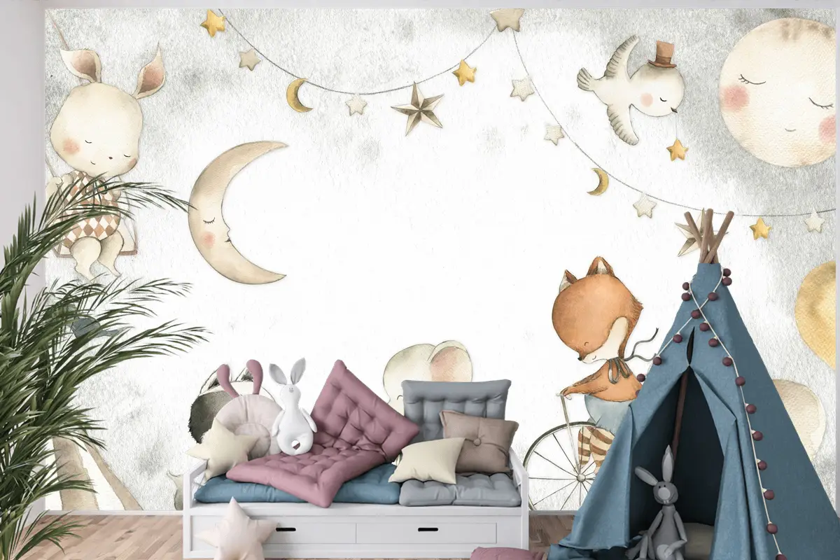 Pastel Ay, Fil ve Tilki Oyun Sahnesi Çocuk Odası Duvar Kağıdı