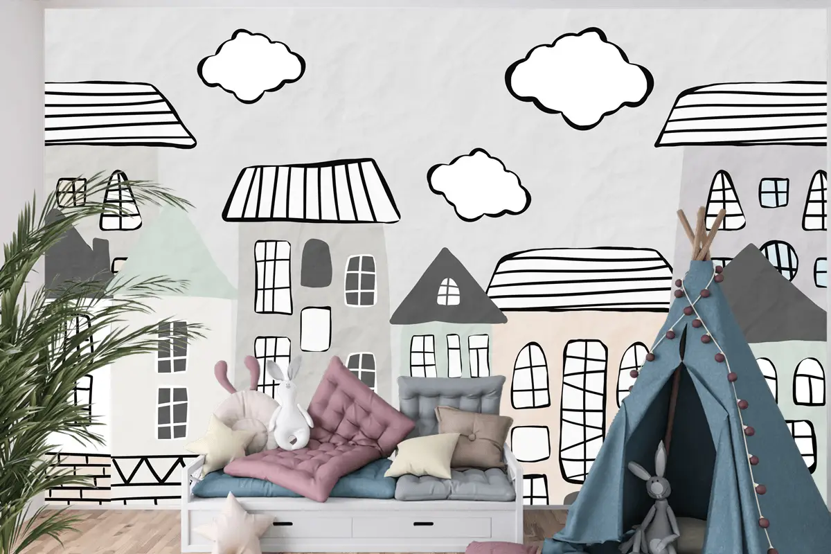 Pastel Bulutlar ve Şehir Evleri Çocuk Odası Duvar Kağıdı