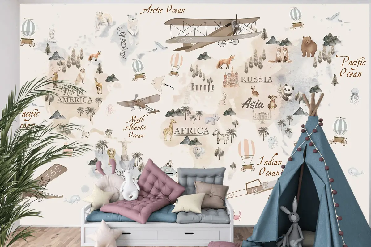 Pastel Dünya Haritası Eğitici ve Eğlenceli Çocuk Odası Duvar Kağıdı