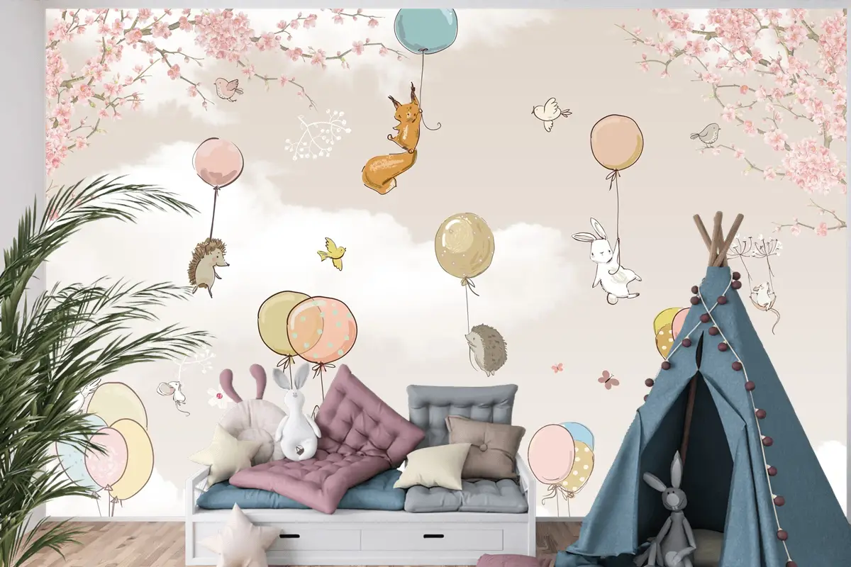 Pastel Sıcak Hava Balonları ve Orman Hayvanları Çocuk Odası Duvar Kağıdı