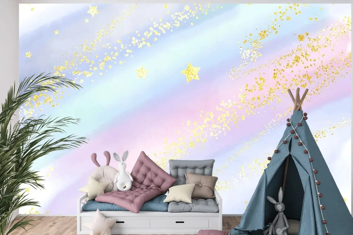 Işıltılı Altın Yıldızlar Ve Konfeti Ile Pastel Suluboya Arka Plan Çocuk Odası Duvar Kağıdı