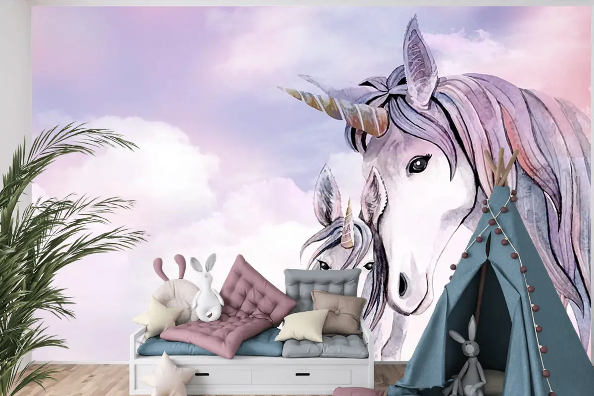 Pembe Bulutlar Üzerinde Unicorn Çocuk Odası Duvar Kağıdı
