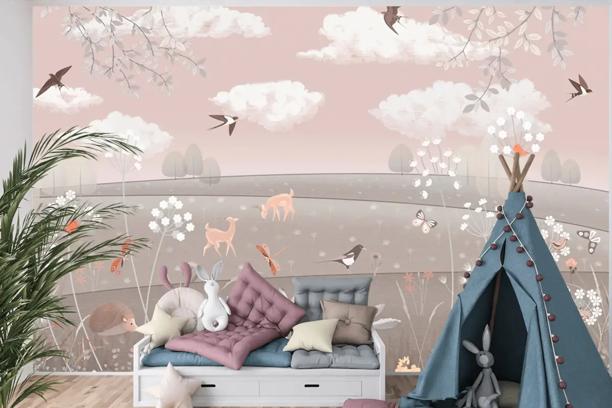 Pembe Manzara Geyik Tavşan Kuşlar Çocuk Odası Duvar Kağıdı