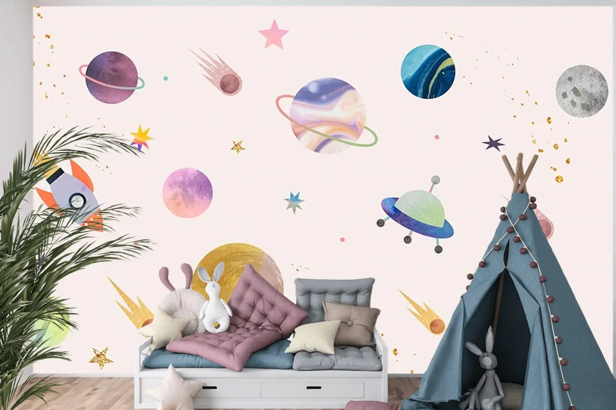 Pembe Zemin Üzerinde Gezegenler Çocuk Odası Duvar Kağıdı