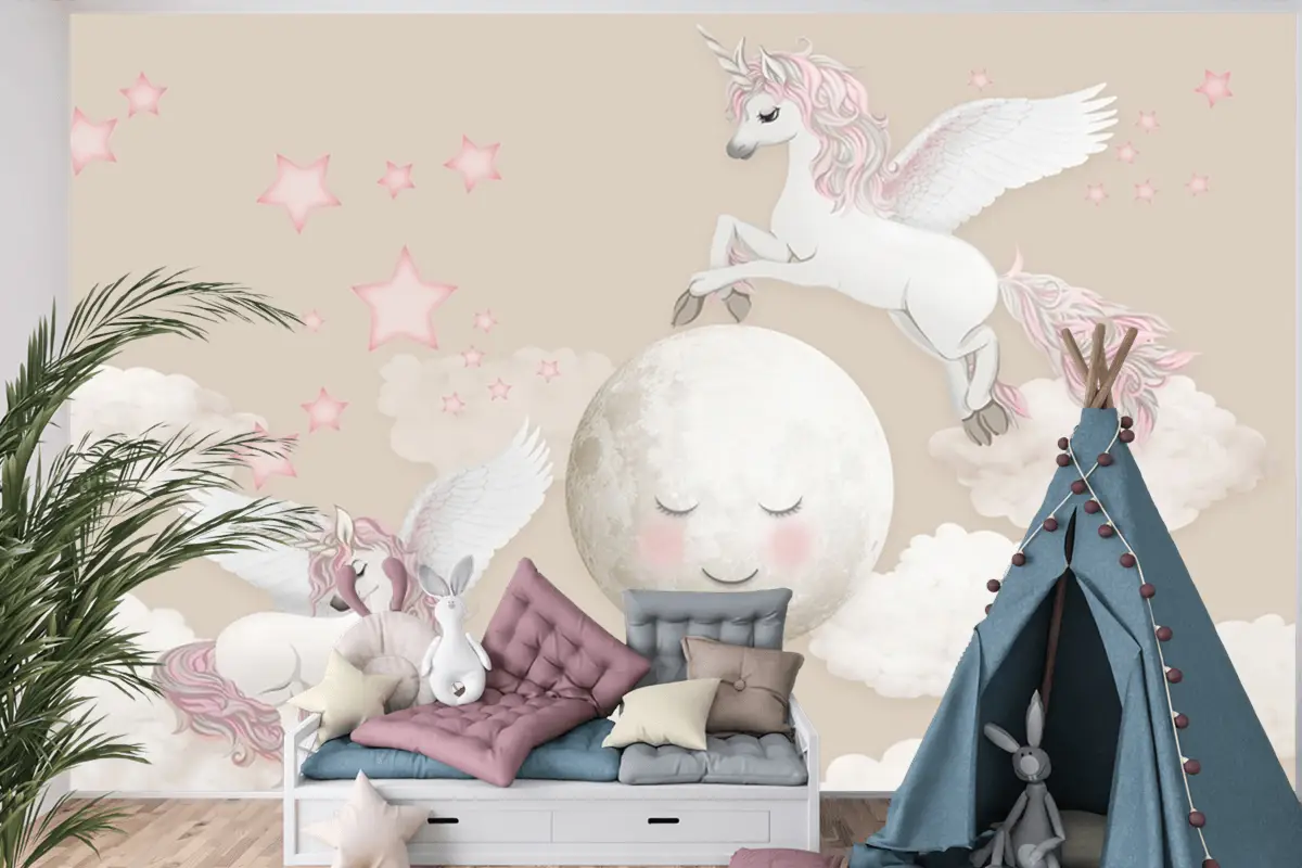 Peri At Ay Ve Bulutlar Çocuk Odası Duvar Kağıdı