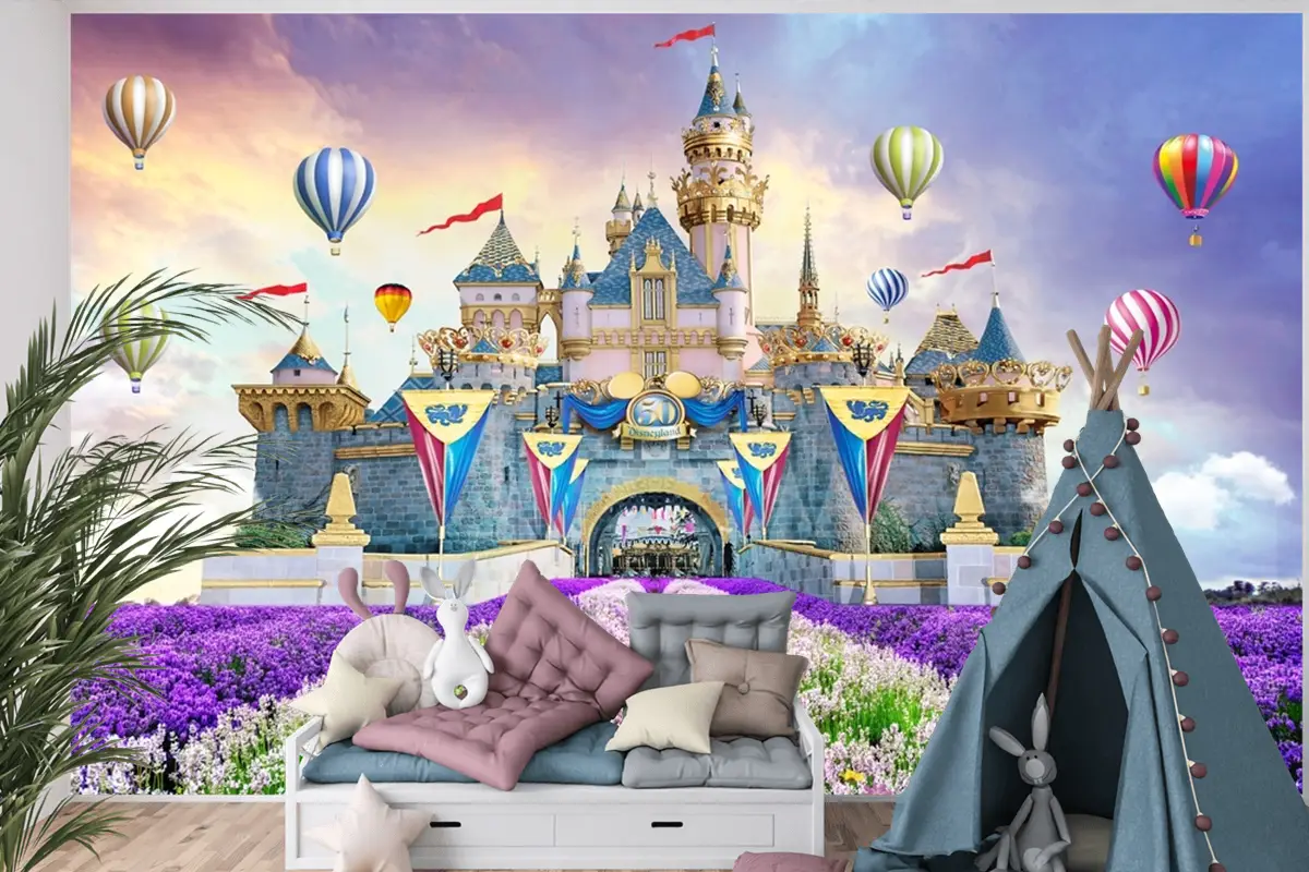 Peri Kalesi Manzara Çiçekler Sıcak Hava Balonları Çocuk Odası Duvar Kağıdı