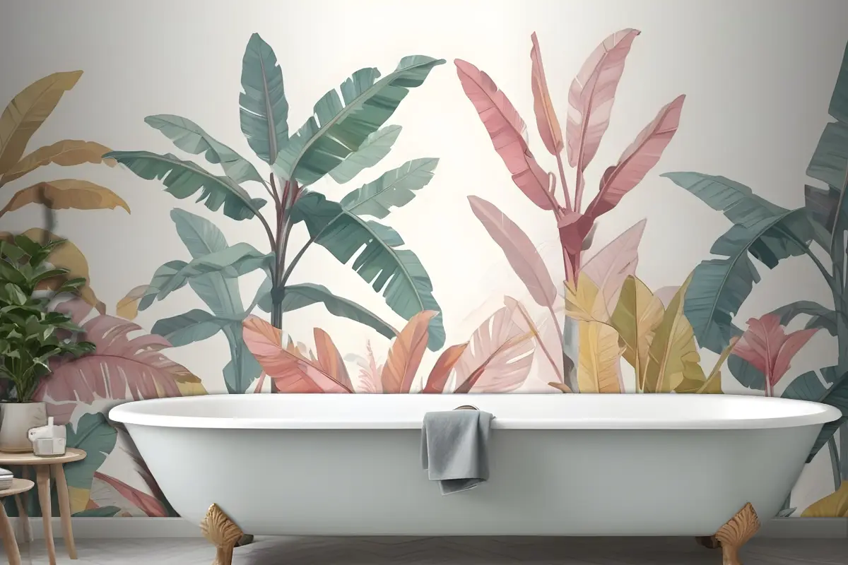 Pembe & Teal Vintage Tropikal Banyo Duvar Kağıdı