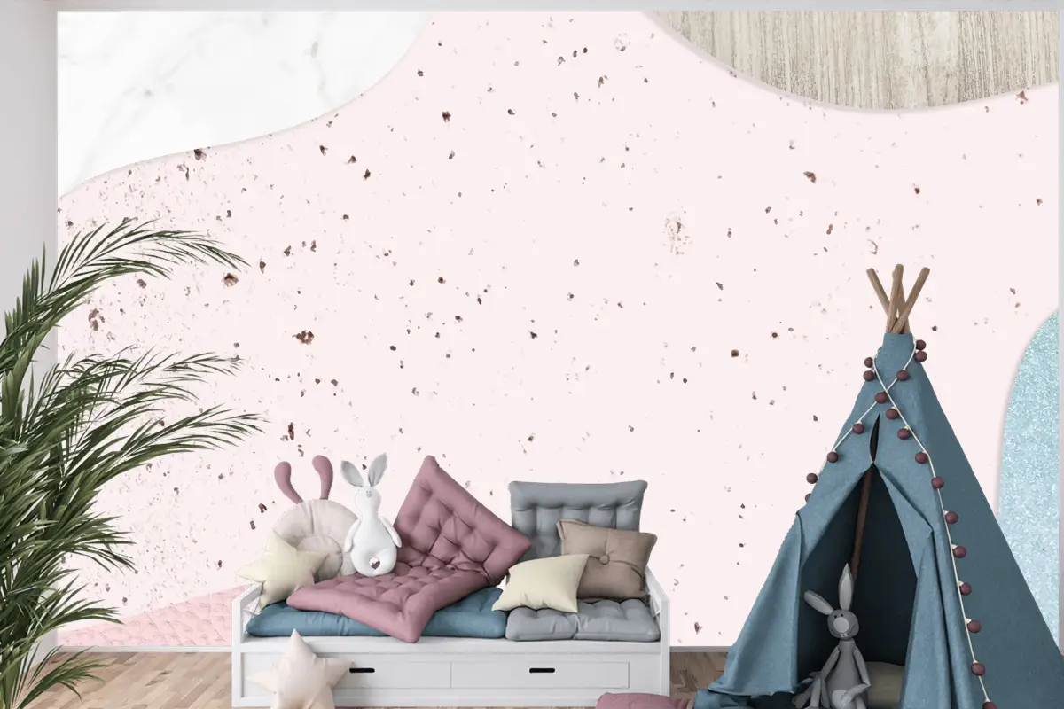 Pembe Ve Mavi Kolaj Dokulu Çocuk Odası Duvar Kağıdı