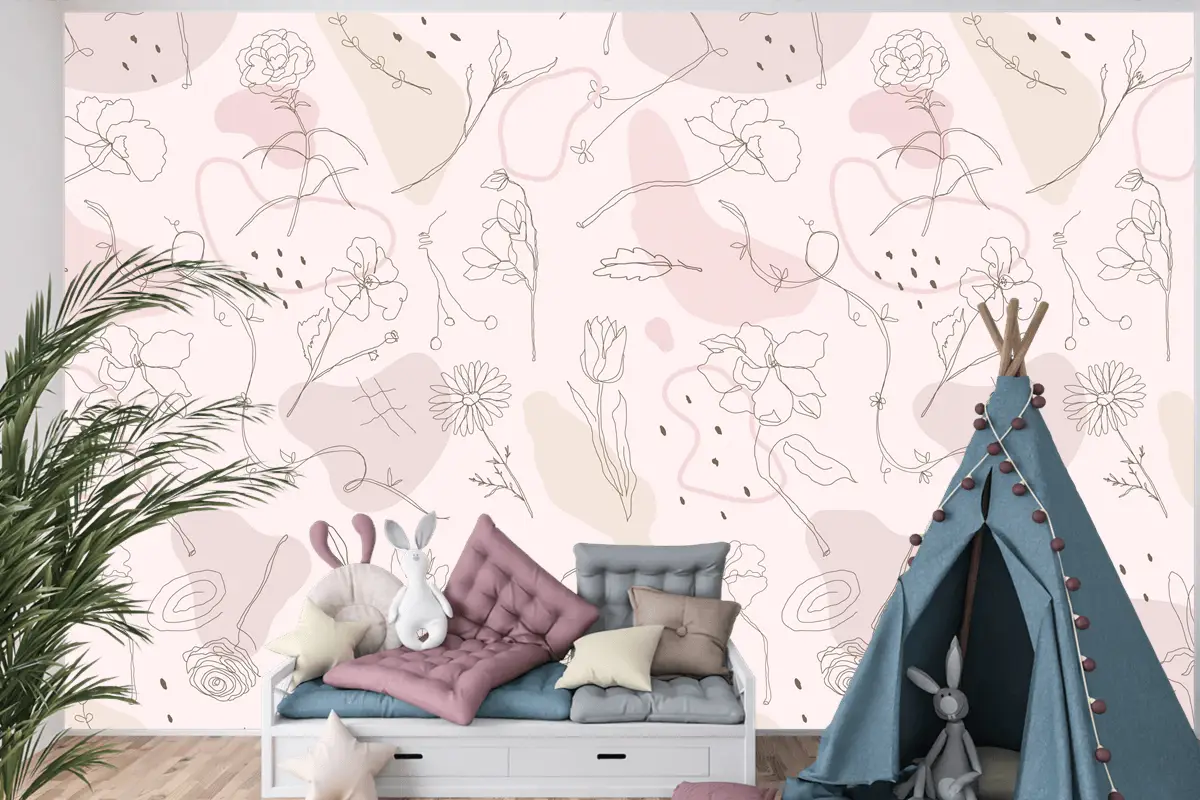 Pembe Çiçek Desenli Çocuk Odası Duvar Kağıdı