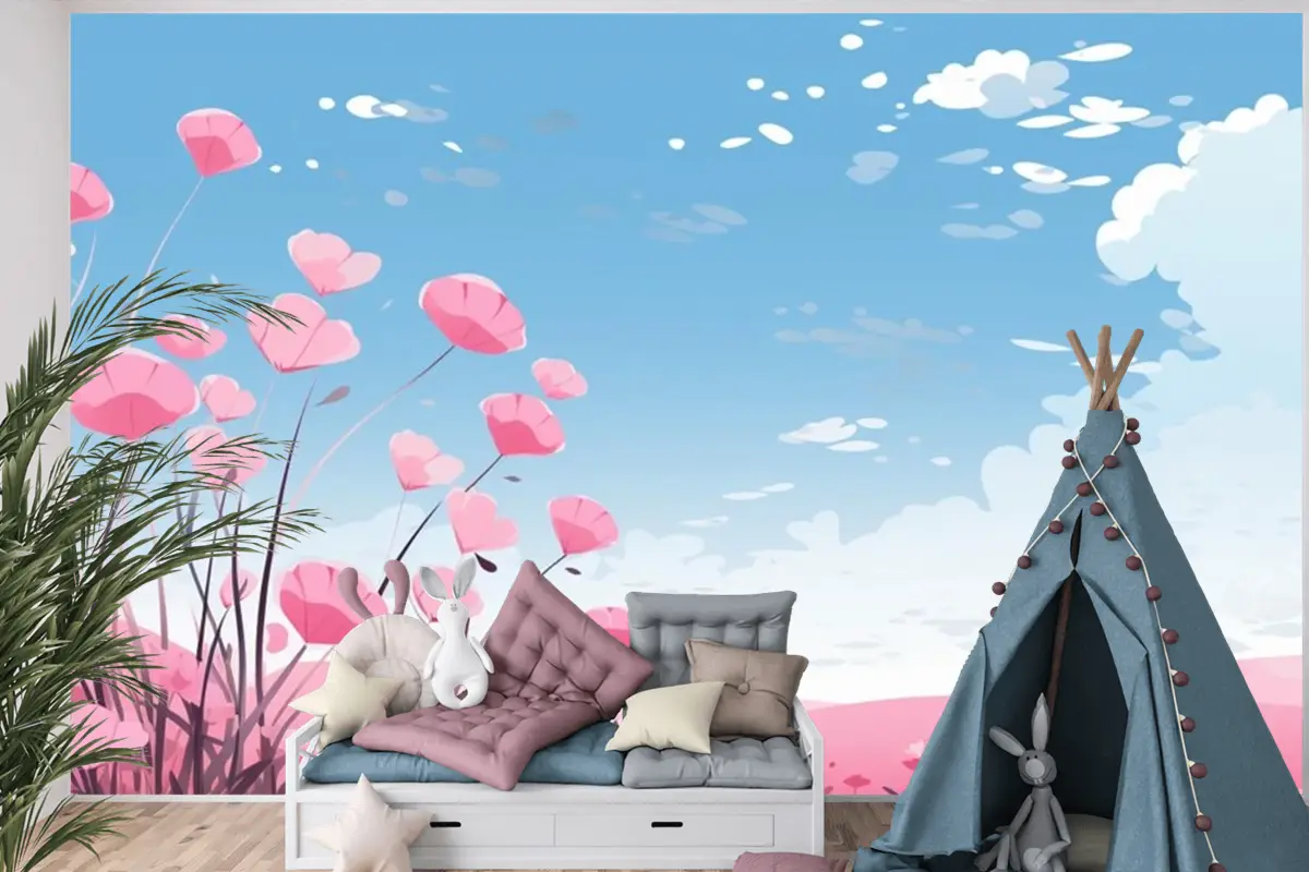 Gökyüzünde Çiçekler Ve Bulutlarla Pembe Kalpler Çocuk Odası Duvar Kağıdı