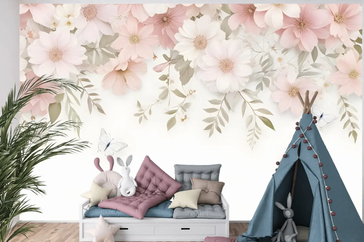 Pembe Ortanca Çiçek Sanatı Çocuk Odası Duvar Kağıdı 