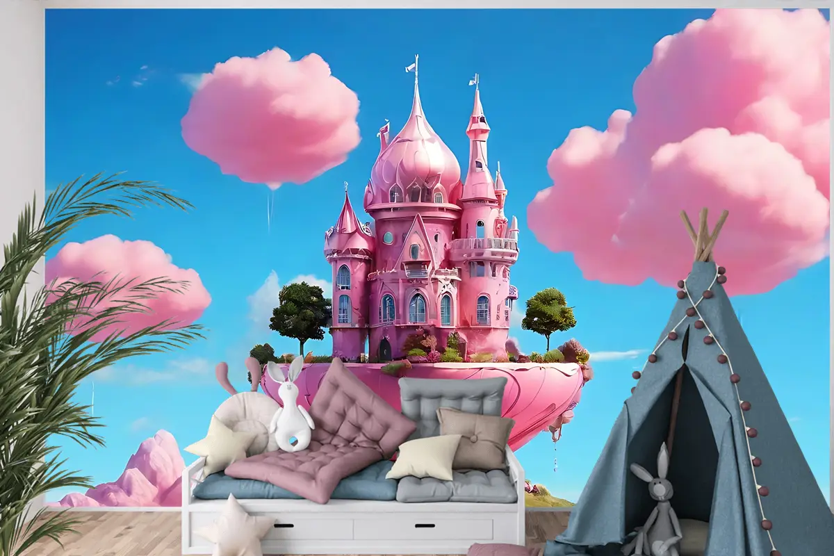 Pembe Sihirli Ev Tasarımı Çocuk Odası Duvar Kağıdı 