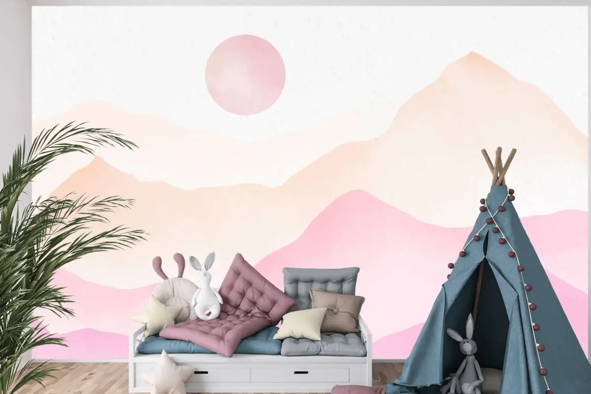 Pembe Suluboya Dağlar Arka Plan Çocuk Odası Duvar Kağıdı 