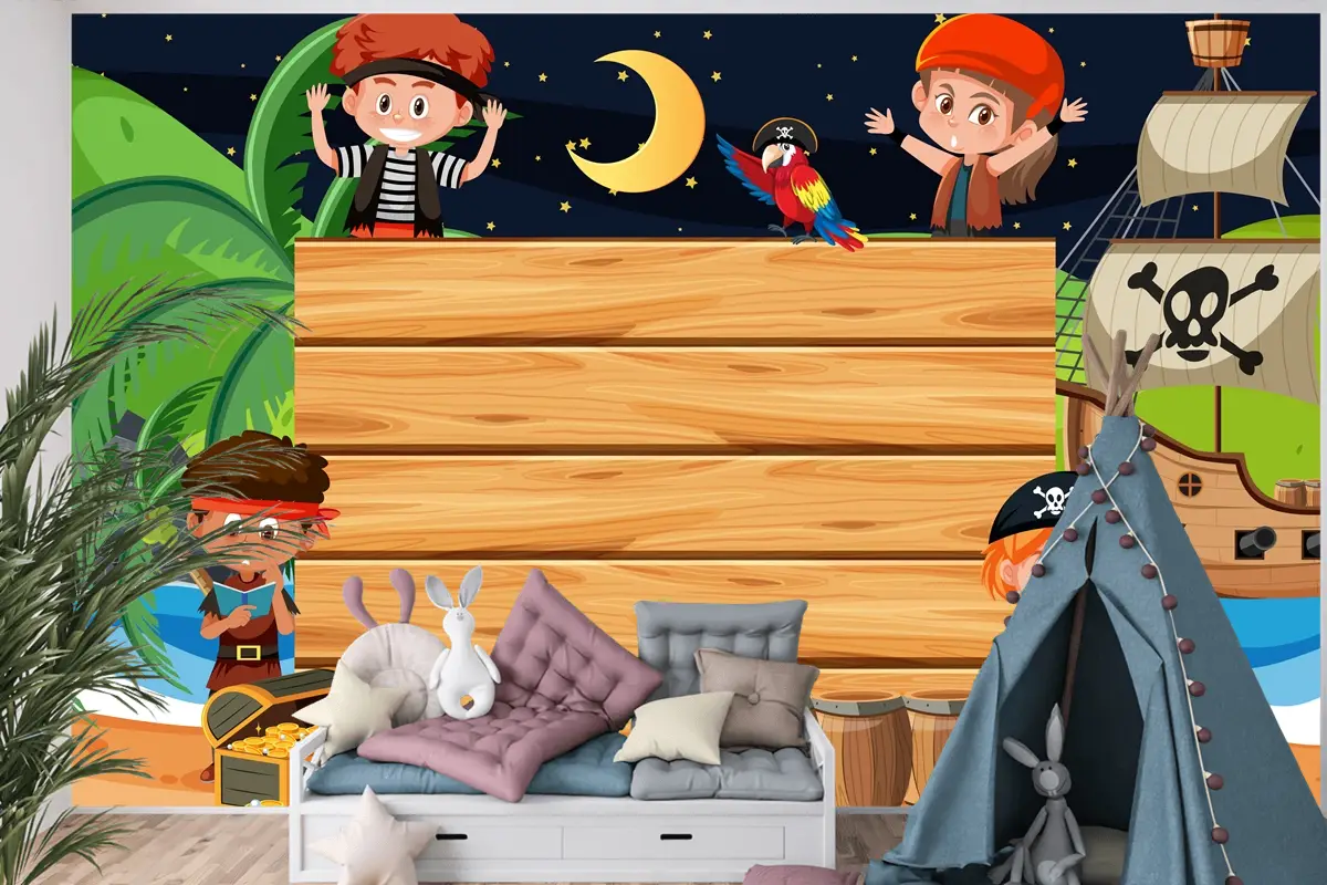 Boş Ahşap Çocuk Odası Duvar Kağıdı Yle Sahilde Gece Sahnesinde Korsan Çocuklar