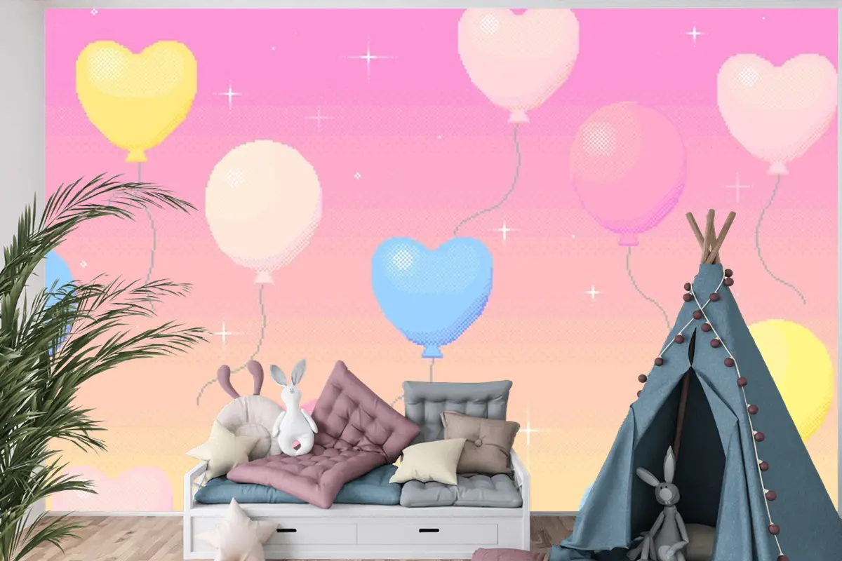 Rüya Gibi Gökyüzünde Uçan Balonların Piksel Sanat Arka Planı Çocuk Odası Duvar Kağıdı