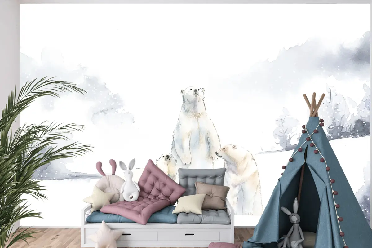 Karda Kutup Ayıları Suluboya Çocuk Odası Duvar Kağıdı 