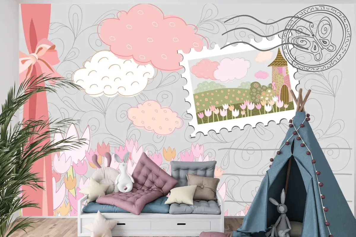 Damgalı Poster Desenli Dekoratif Şehir Çocuk Odası Duvar Kağıdı