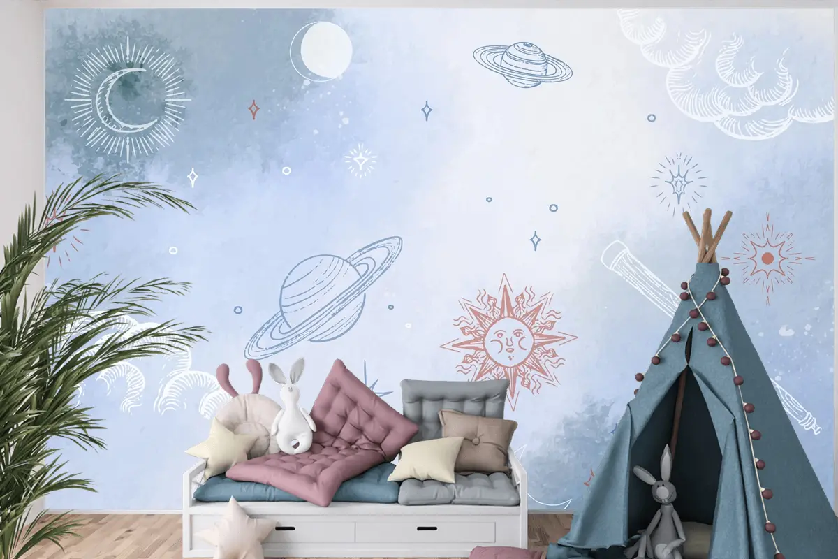 Elle Çizilmiş Öğelerle Toz Pastel Çocuk Odası Duvar Kağıdı