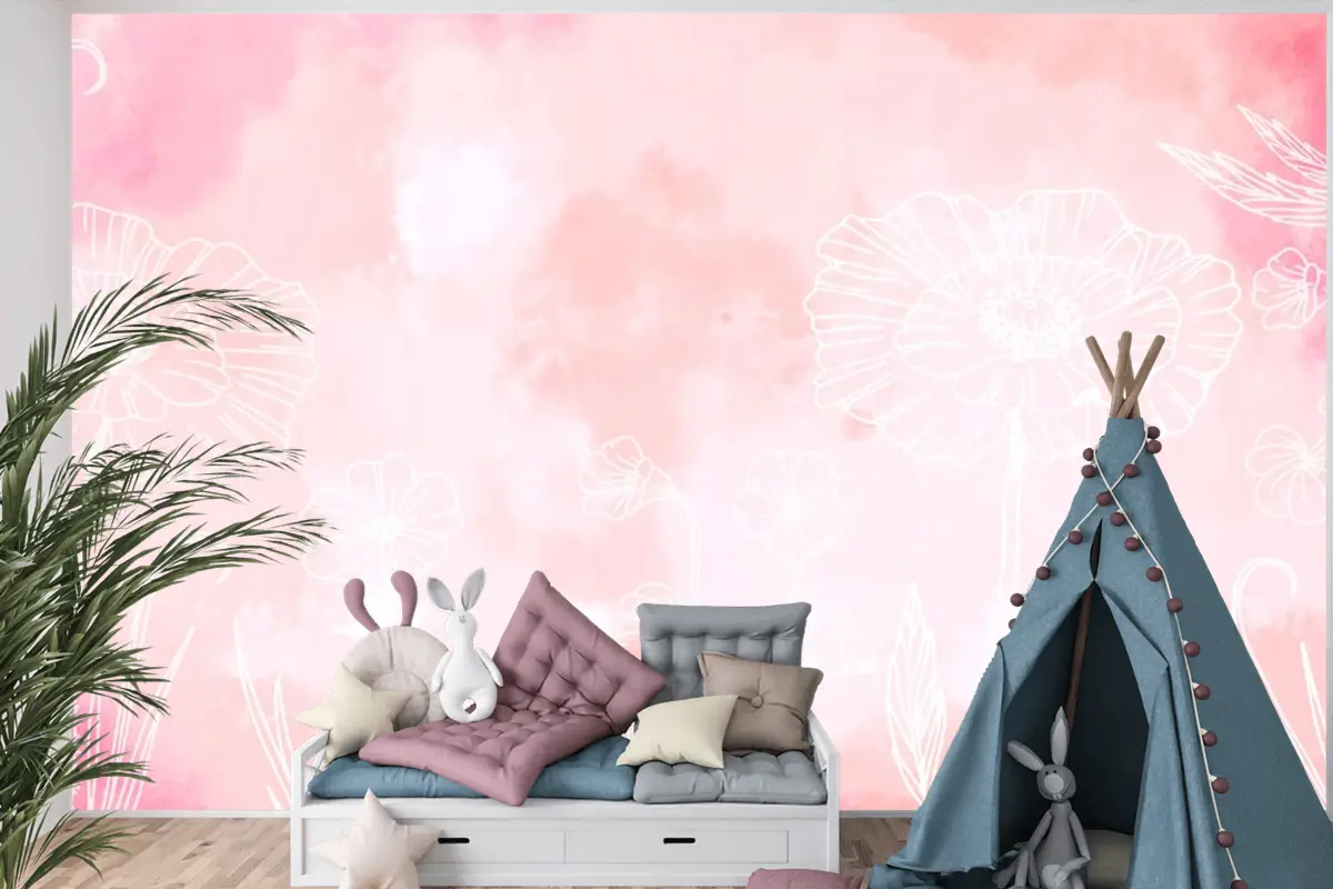 Elle Çizilmiş Öğelerle Toz Pastel Çocuk Odası Duvar Kağıdı