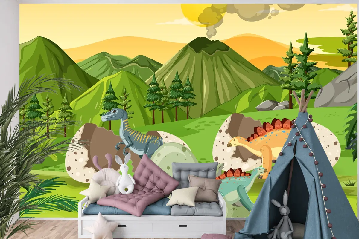 Dinozor Karikatür Çocuk Odası Duvar Kağıdı  Ile Tarih Öncesi Orman