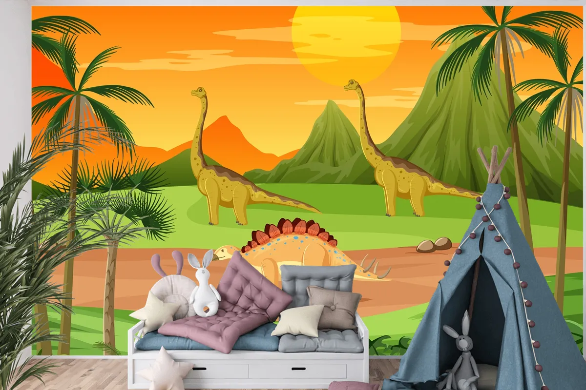 Dinozor Karikatür Çocuk Odası Duvar Kağıdı  Ile Tarih Öncesi Orman