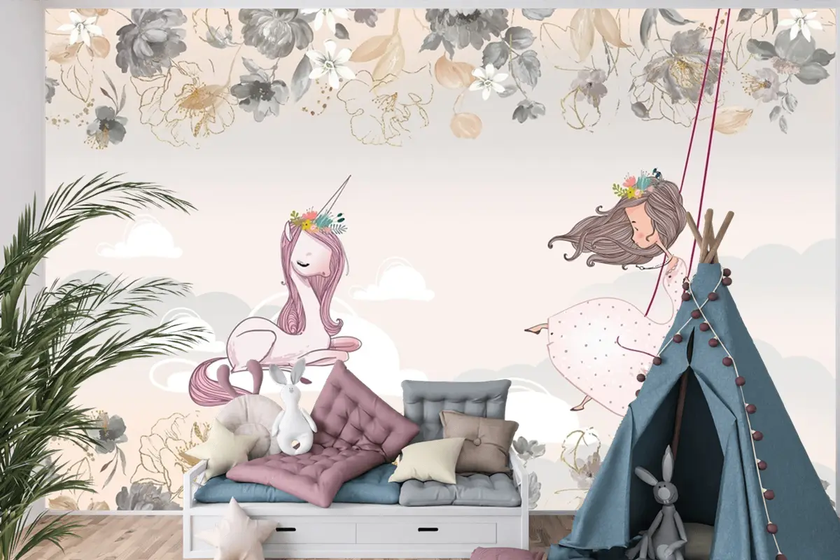 Prenses Ve Unicorn Çocuk Odası Duvar Kağıdı