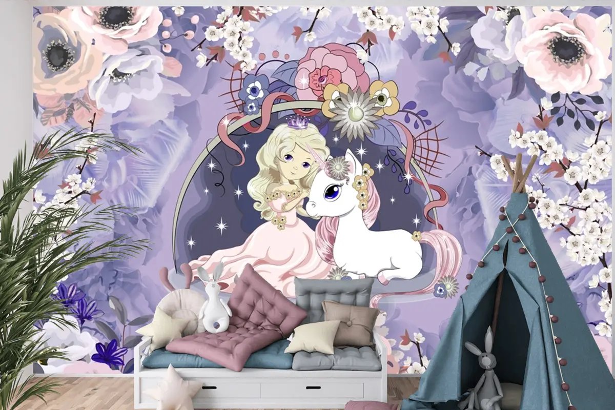 Prenses Ve Unicorn Şakayık Çocuk Odası Duvar Kağıdı
