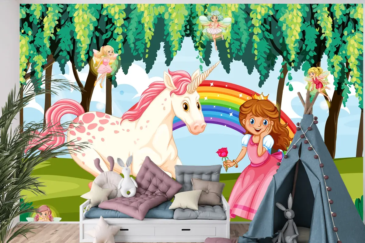 Büyülü Ormanda Prenses Ve Tek Boynuzlu At Arka Plan Çocuk Odası Duvar Kağıdı