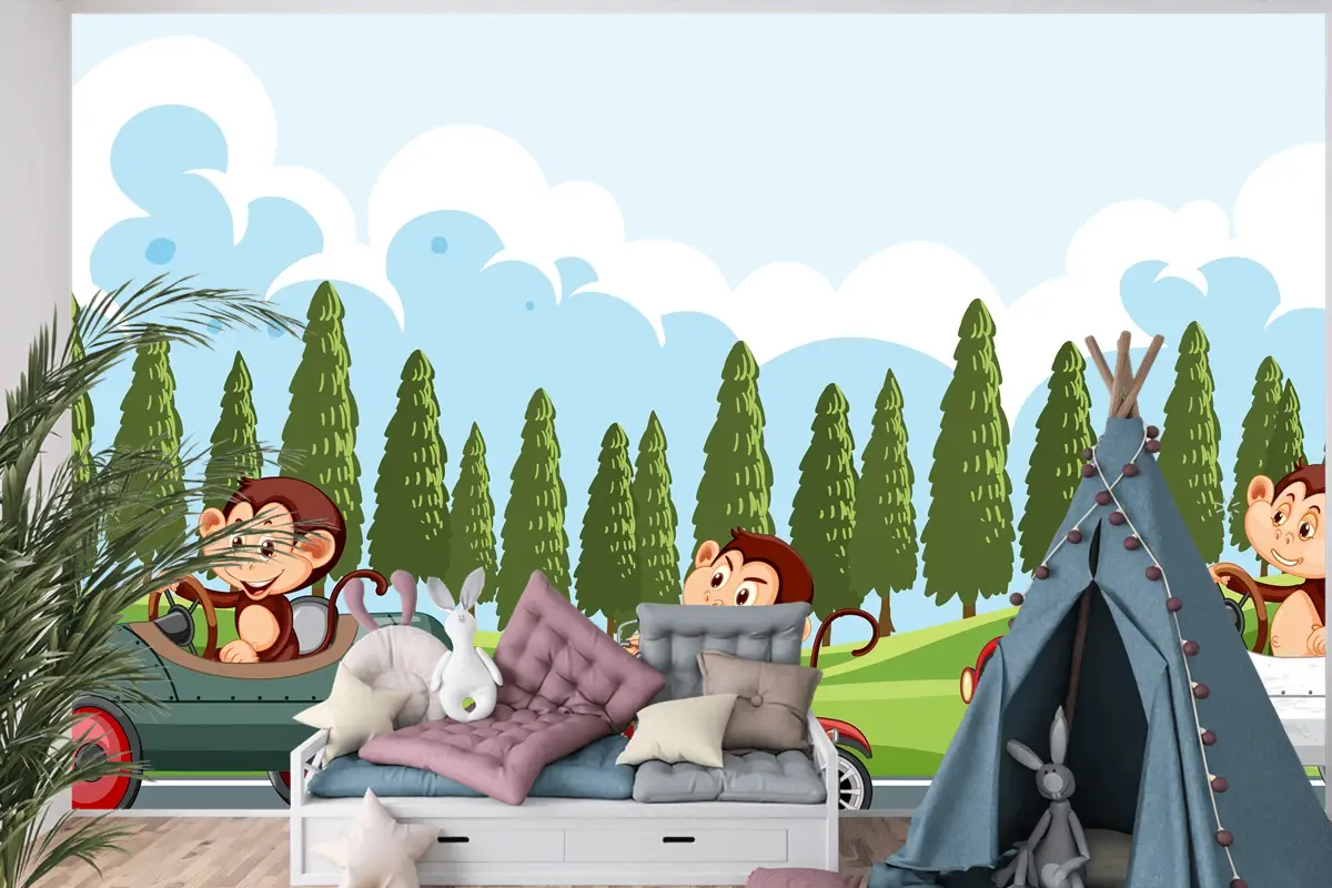 Maymun Yarış Sürücülerinin Bulunduğu Yarış Pisti Sahnesi Çocuk Odası Duvar Kağıdı