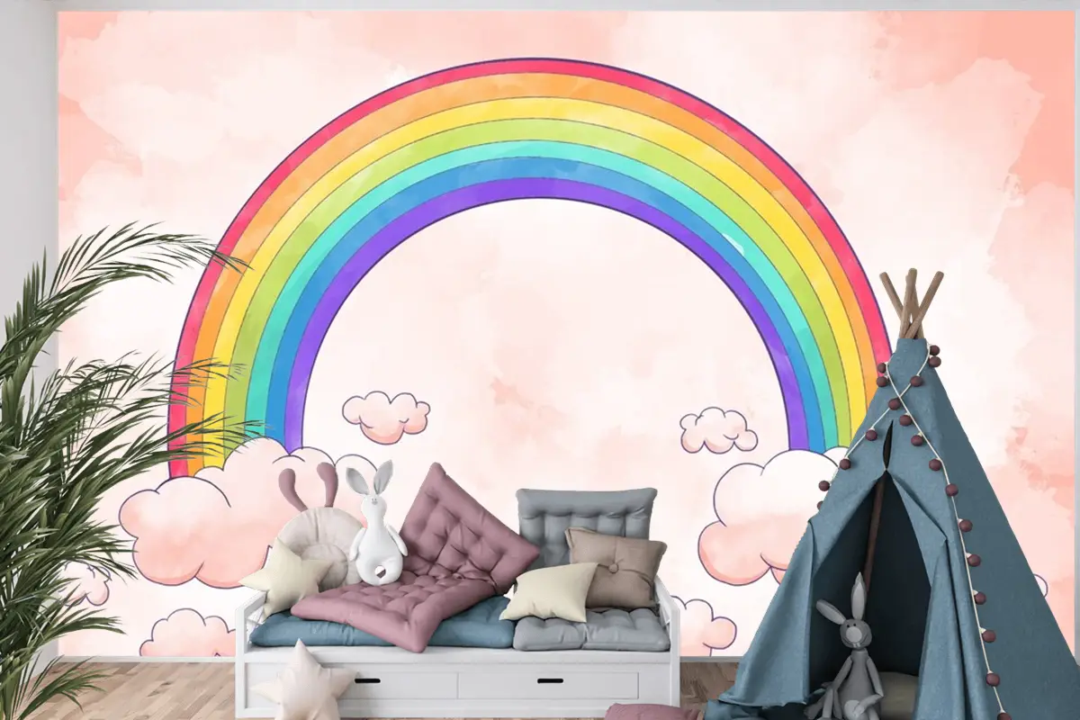 Gökkuşağı Bulutlu Suluboya Tarzı Çocuk Odası Duvar Kağıdı