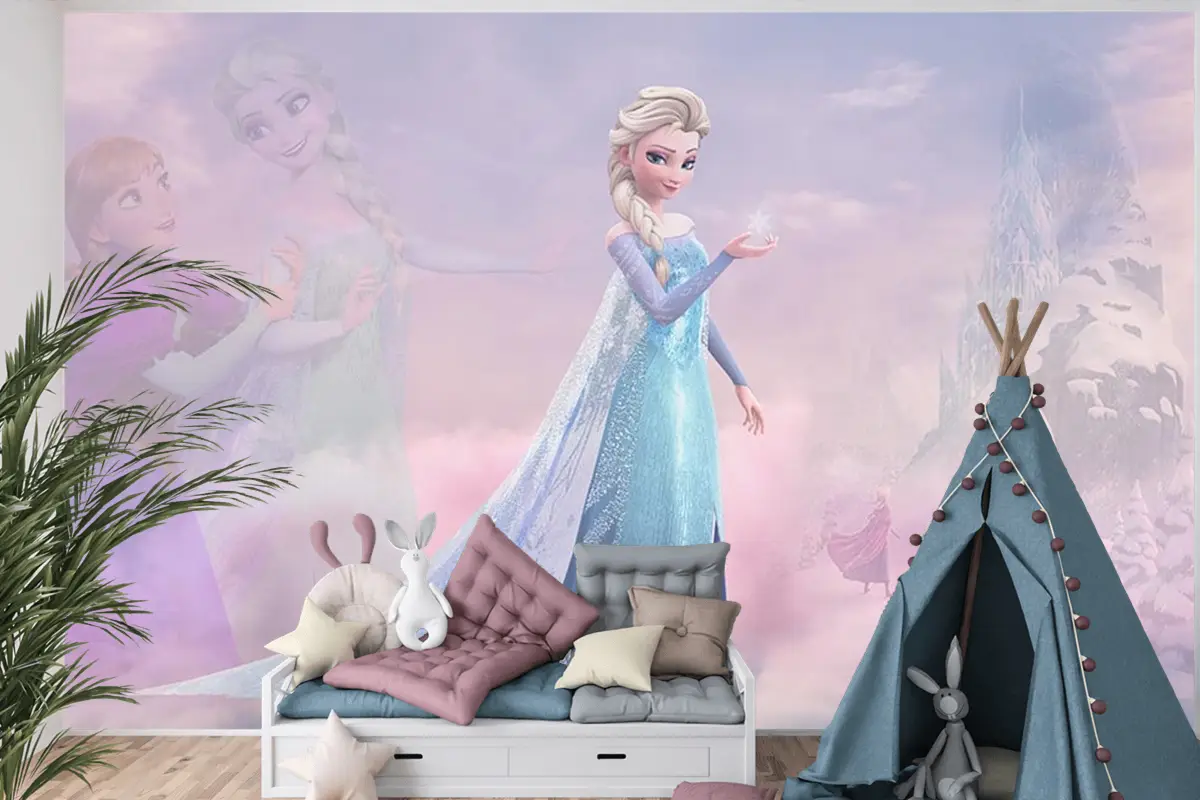 Renkli Bulutlar Arasında Elsa Çocuk Odası Duvar Kağıdı