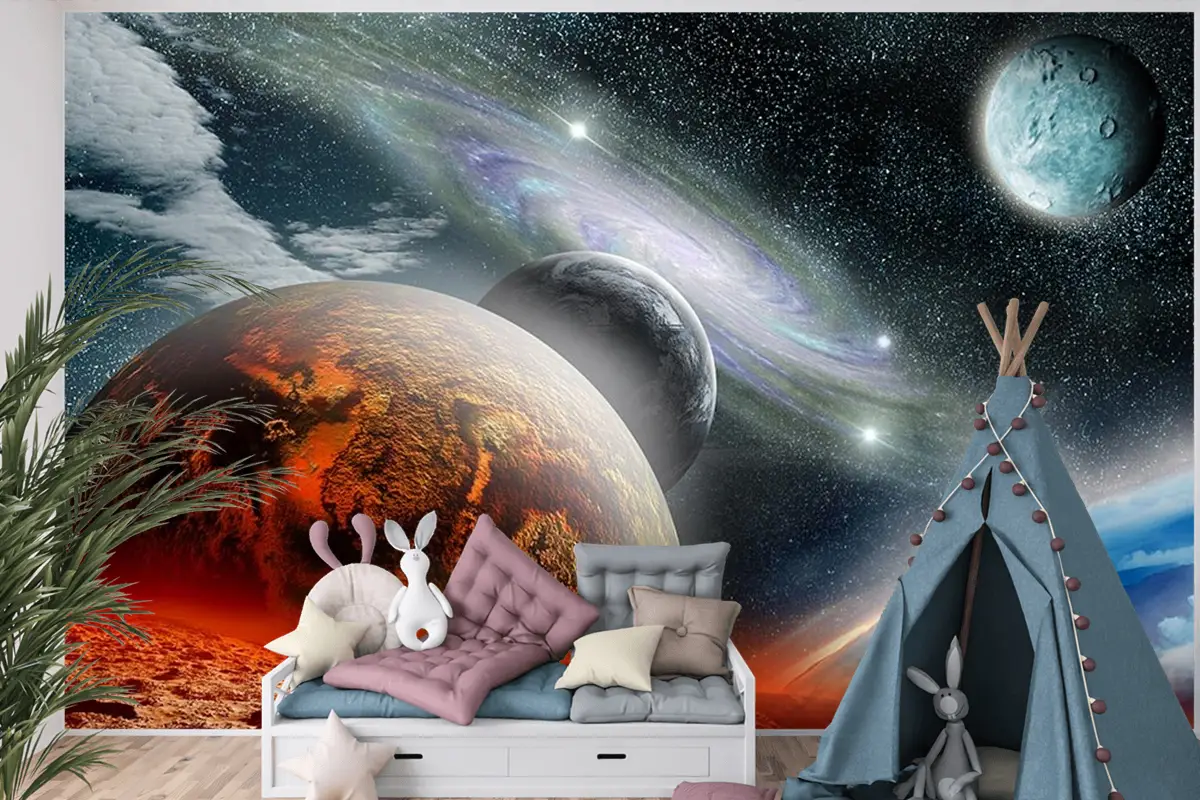 Renkli Galaksi Gezegenler Çocuk Genç Odası Çocuk Odası Duvar Kağıdı