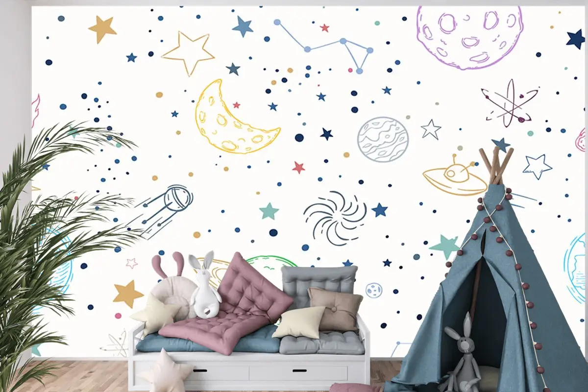 Renkli Gezegenler Uzay Temalı Çocuk Odası Duvar Kağıdı