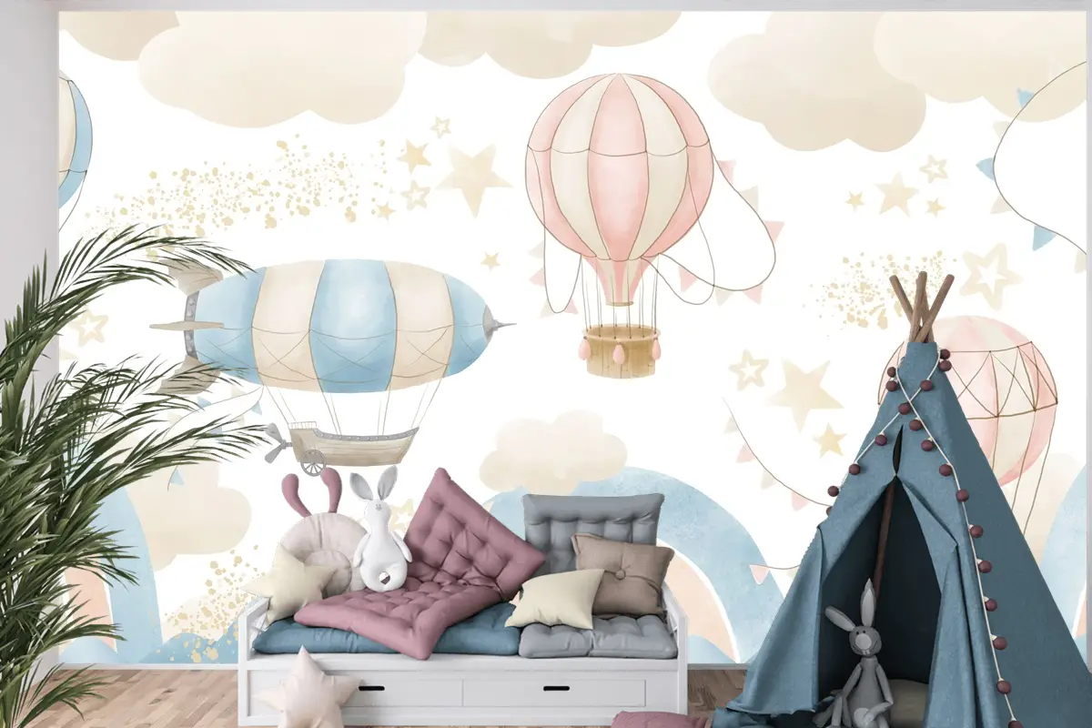 Renkli Gökyüzü ve Sıcak Hava Balonları Temalı Çocuk Odası Duvar Kağıdı