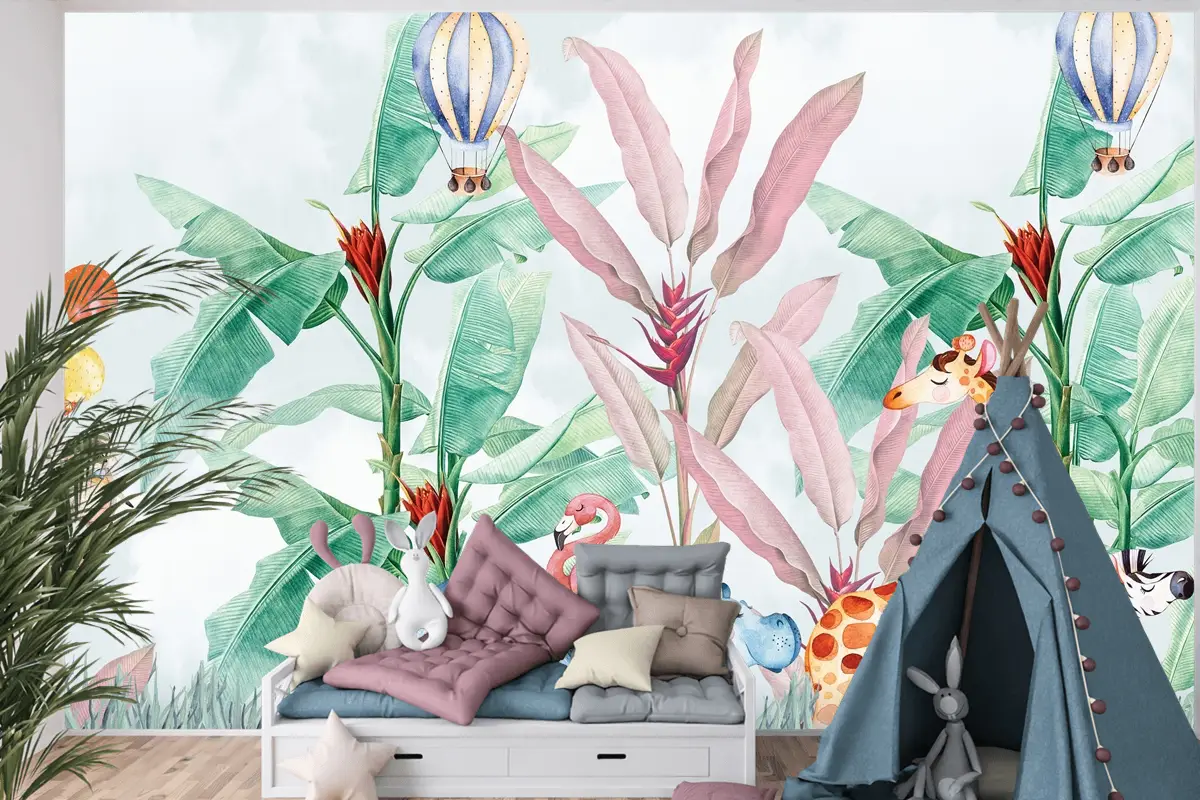 Renkli Hayvanlar ve Balonlu Macera Çocuk Odası Duvar Kağıdı