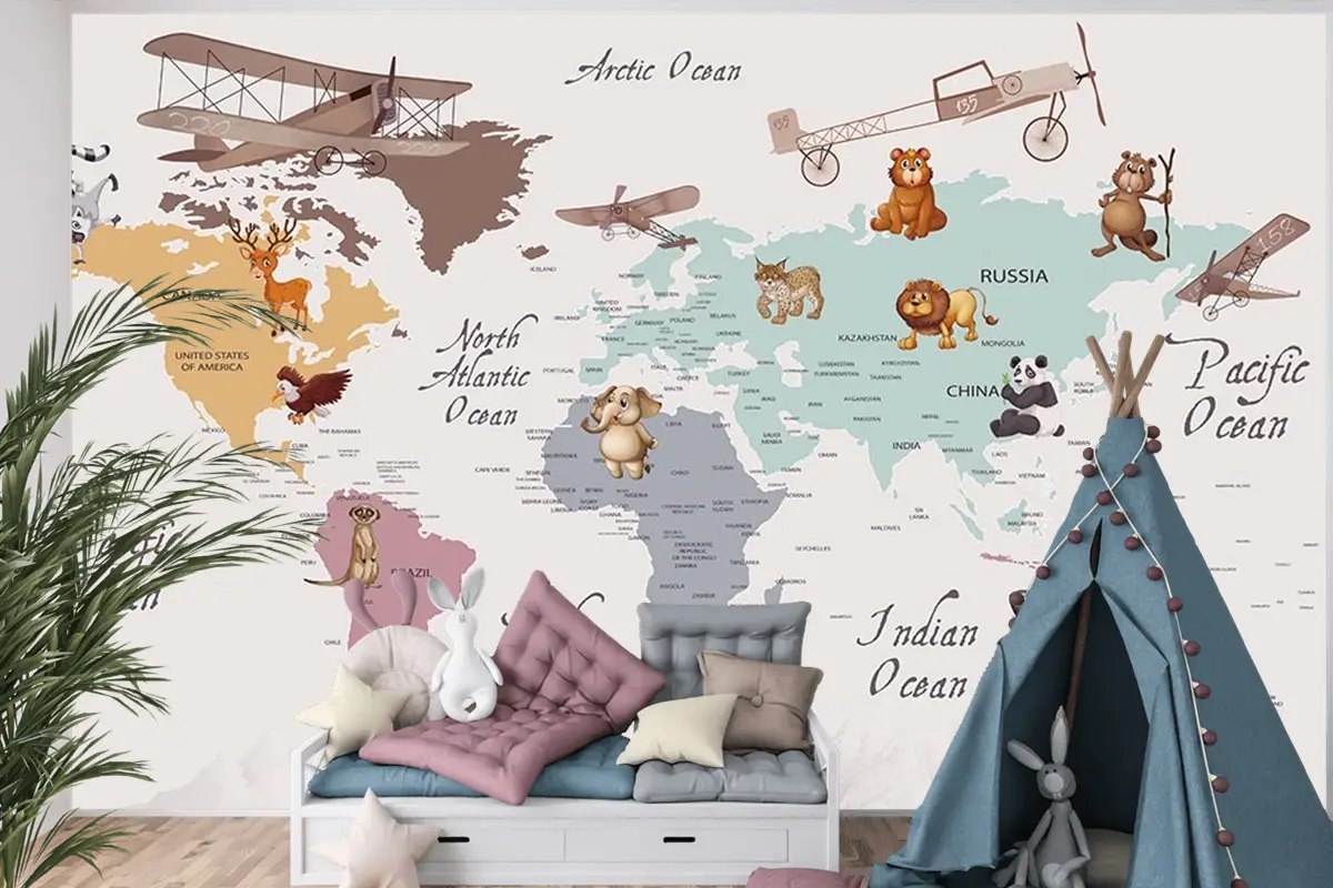 Renkli Kıtalar Öğretici Çocuk Odası Duvar Kağıdı