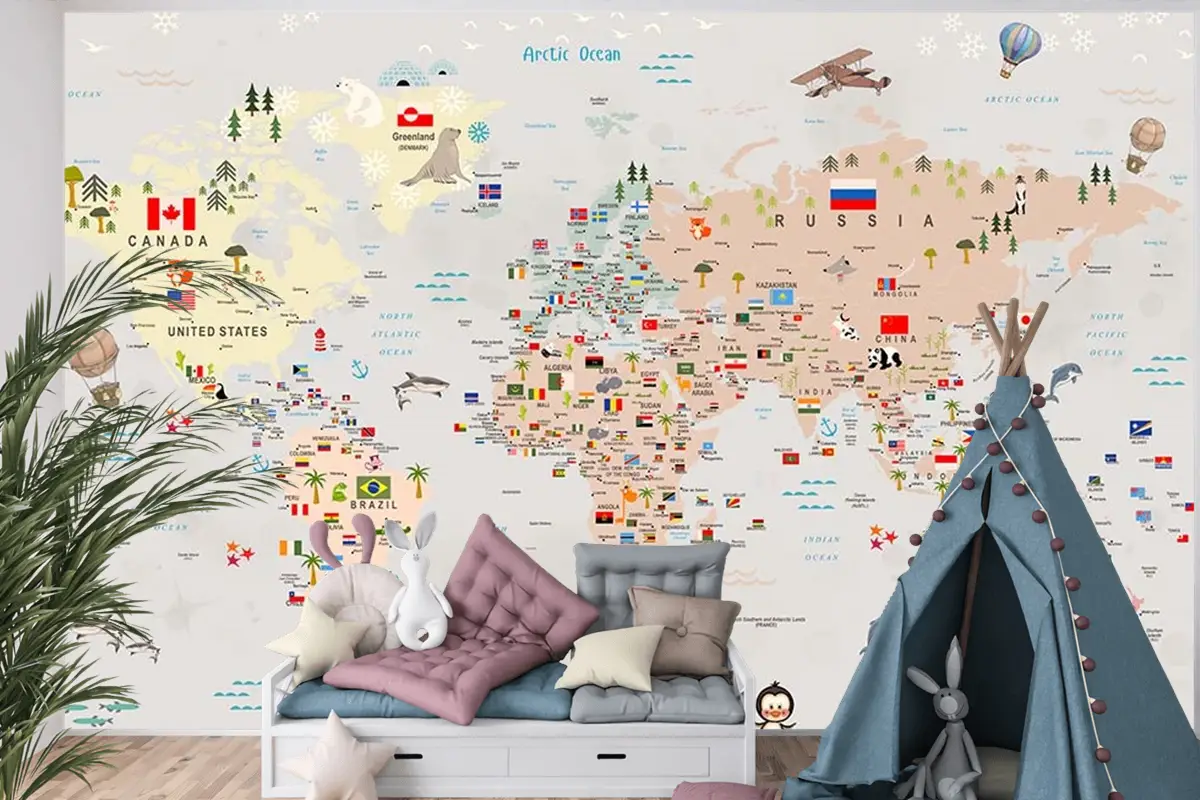 Renkli Kıtalar Ülke Isimleri Yazılı Çocuk Odası Dünya Haritası Çocuk Odası Duvar Kağıdı