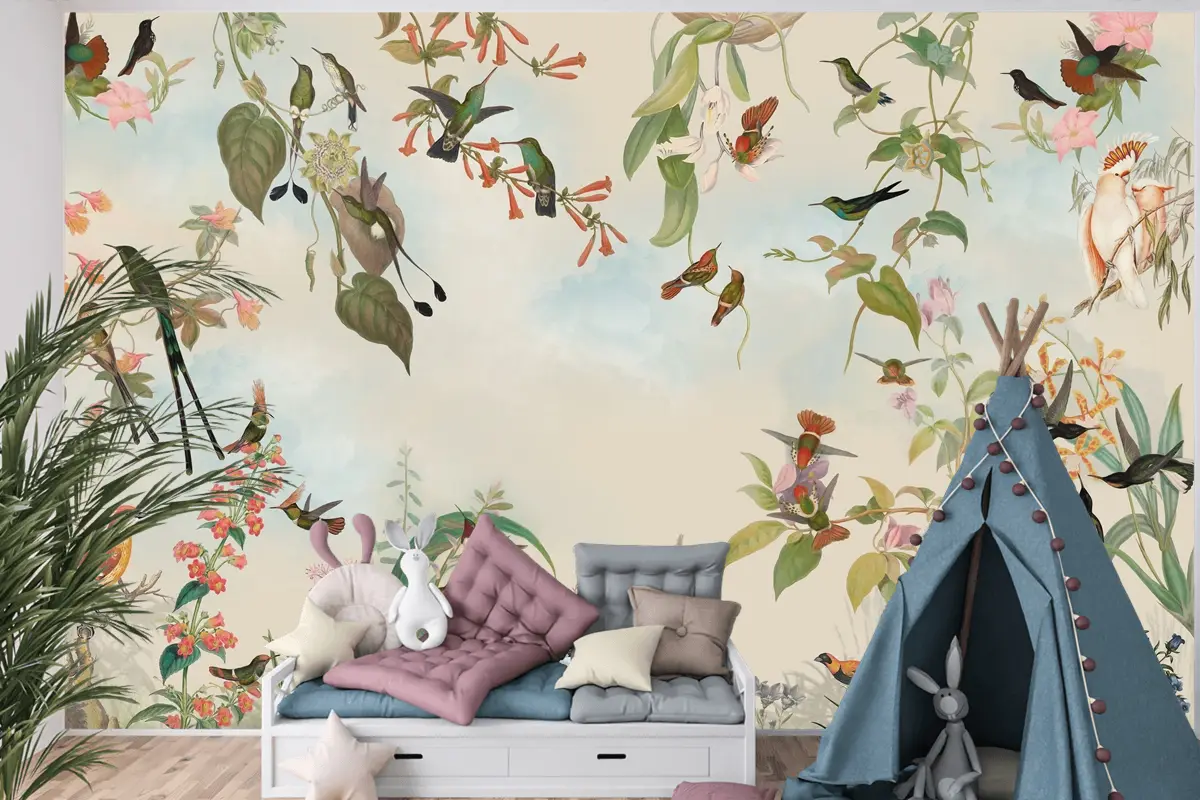 Renkli Kuşlar ve Çiçekli Tropikal Doğa Çocuk Odası Duvar Kağıdı