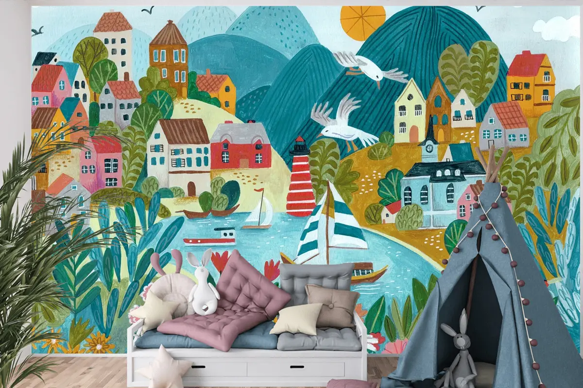 Renkli Sahil Kasabası Çiçek Göl Çocuk Odası Duvar Kağıdı