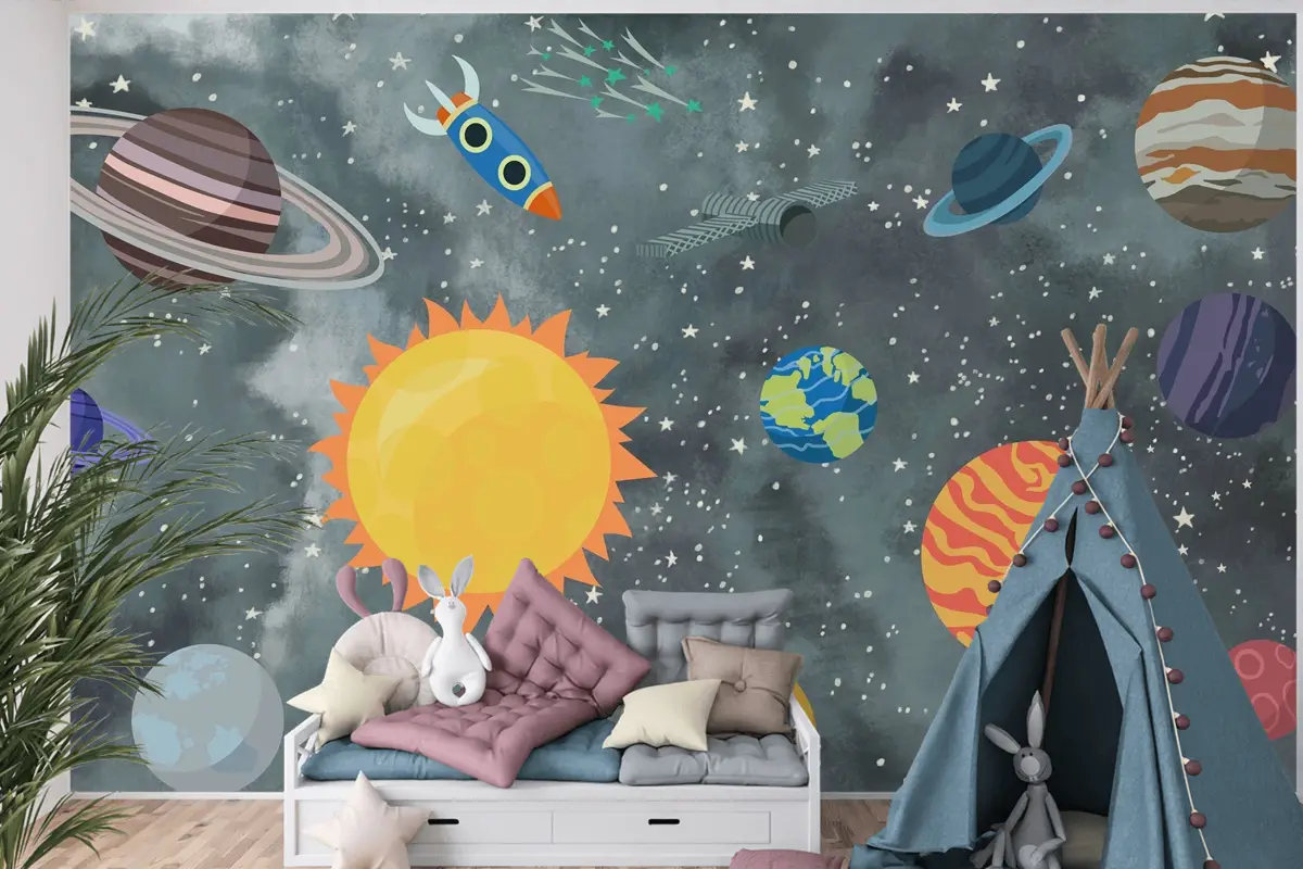 Renkli Uzay Sahnesi ve Roketler Temalı Çocuk Odası Duvar Kağıdı