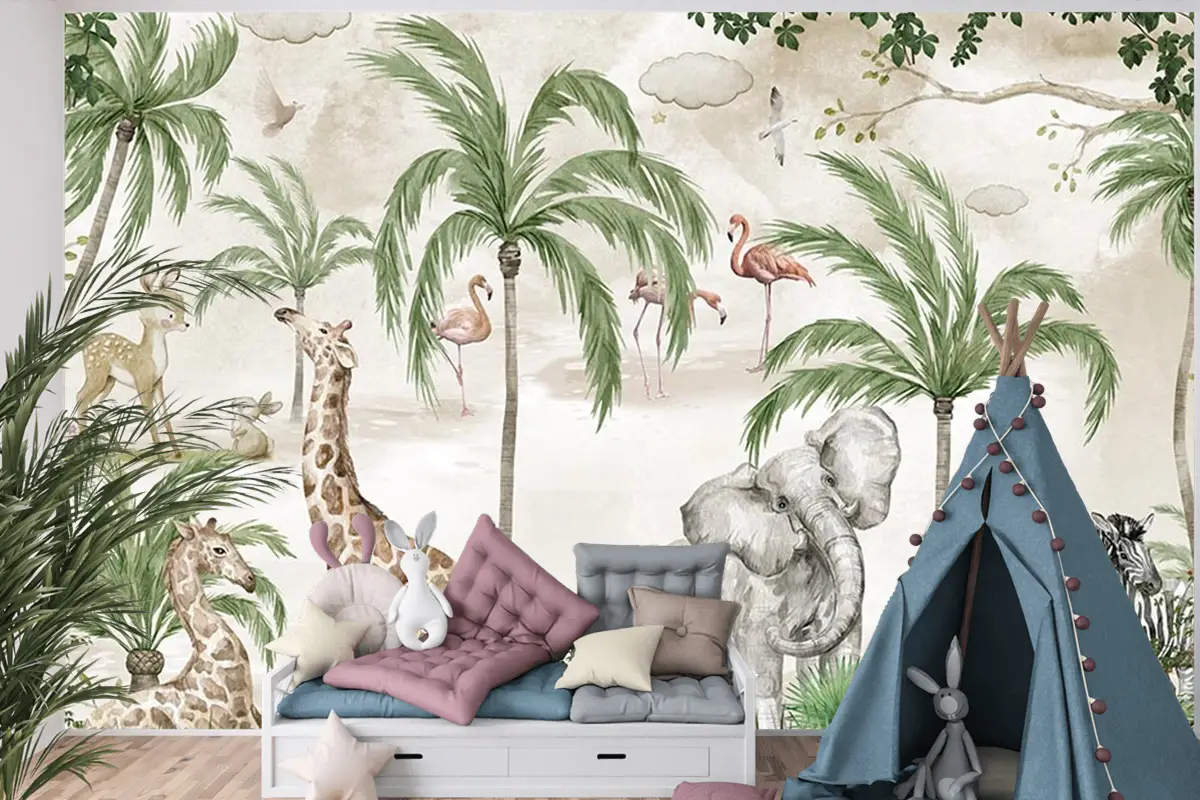 Safari Hayvanları Çocuk Odası Duvar Kağıdı Tropikal Safari Wallpaper