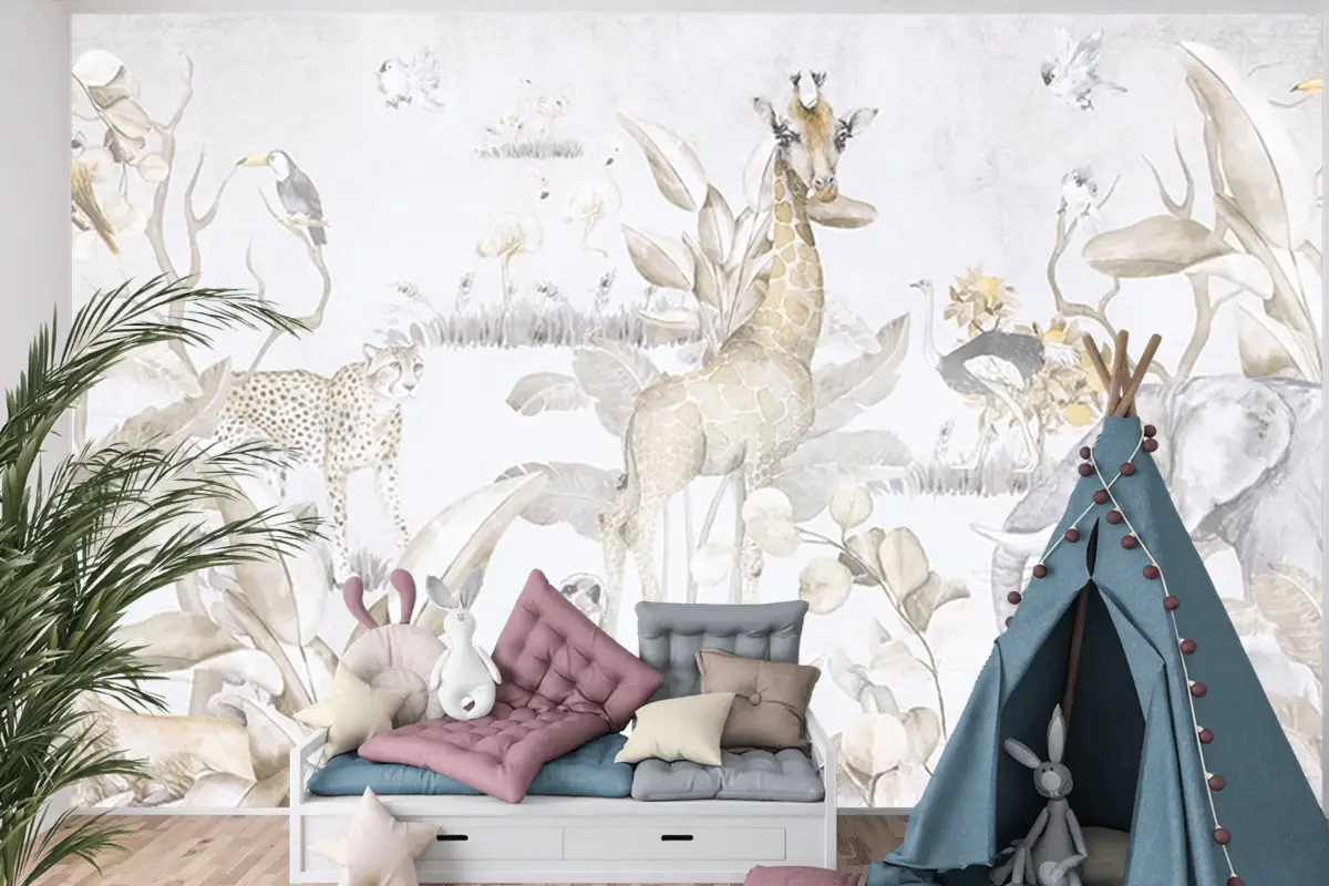 Safari Hayvanları Ve Ağaçlar Çocuk Odası Duvar Kağıdı