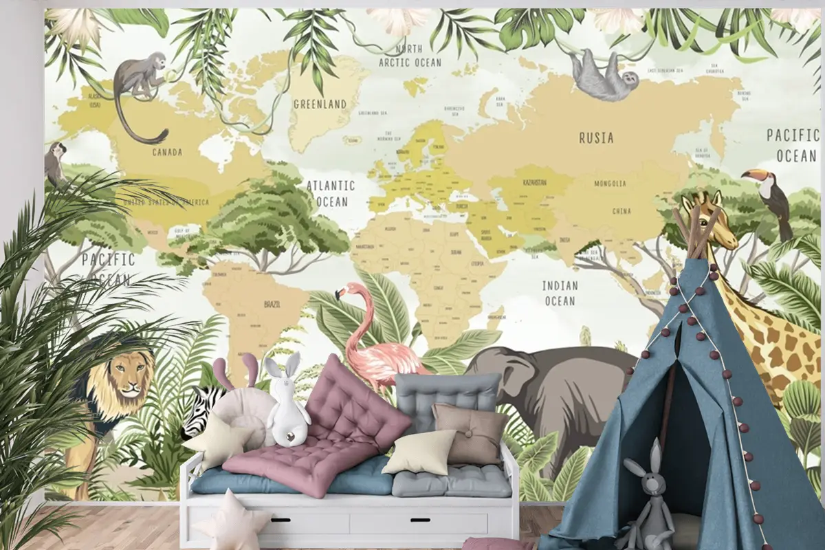 Safari Hayvanları Zürafa Zebra Aslan Flamingo Çocuk Odası Duvar Kağıdı