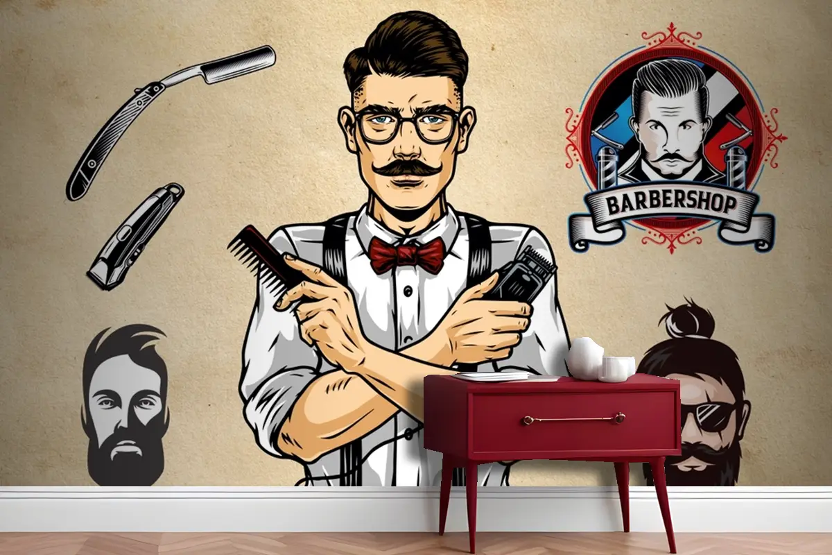 Sarı Vintage Arka Plan Erkek Berber Duvar Kağıdı